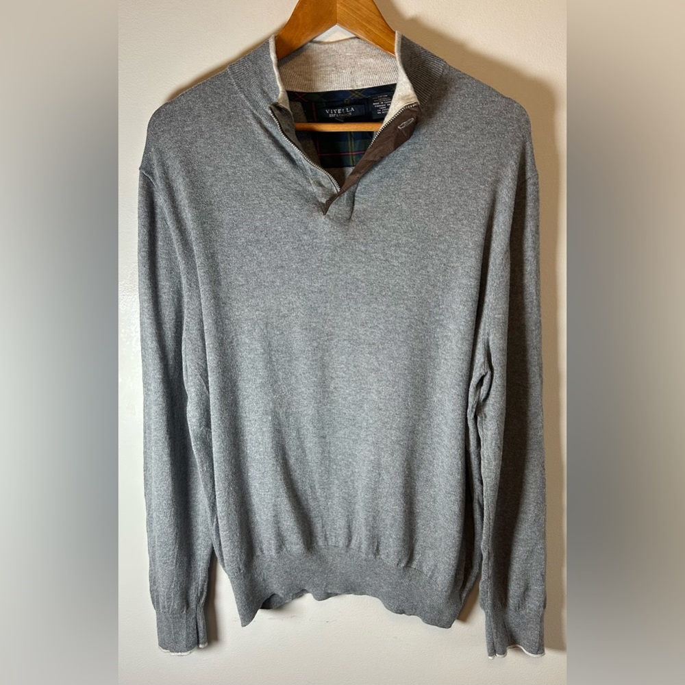 Viyella Cotton & Cashmere 1/4 Zip Mock Neck Sweater Gray Elbow Pads - Size L